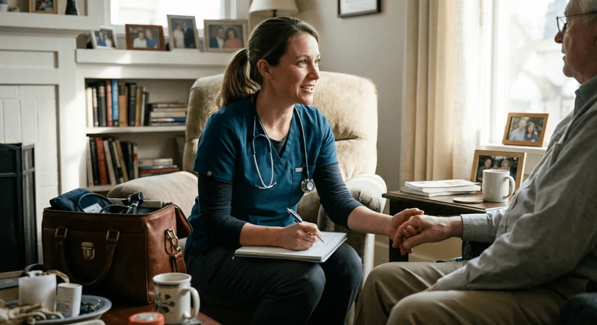 A compassionate female house call provider in Phoenix sitting with an elderly patient in a comfortable home setting, holding his hand while taking notes during a medical consultation."