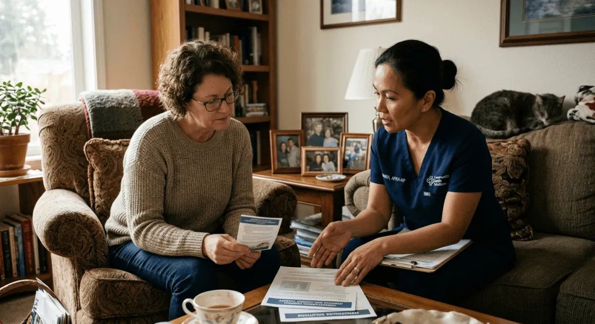 An image of a woman sitting in an armchair at home, reviewing informational pamphlets about hormone replacement therapy during a consultation with a nurse practitioner in blue scrubs sitting on the couch next to her.