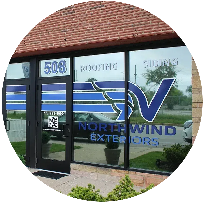 Northwind Exteriors office entrance in Park Ridge, showcasing professional roofing and siding contractor signage