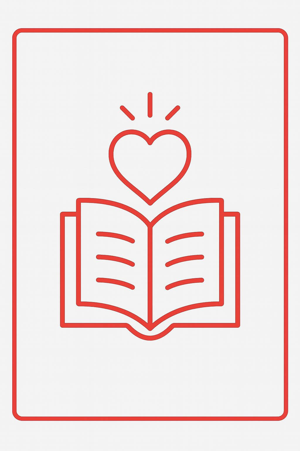 Minimal red line-art illustration of an open book with a heart above it, symbolizing emotional storytelling, inside a thin red rectangular frame on a light grey background.