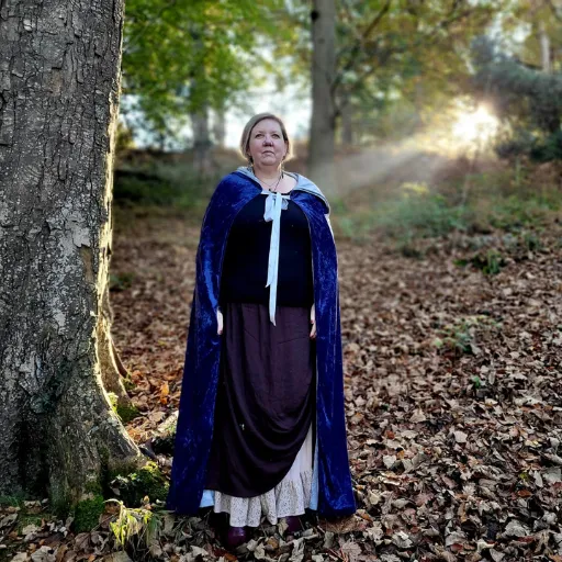 A woman in a deep blue velvet cloak stands tall in an autumn woodland with sunlight streaming through the trees behind her.