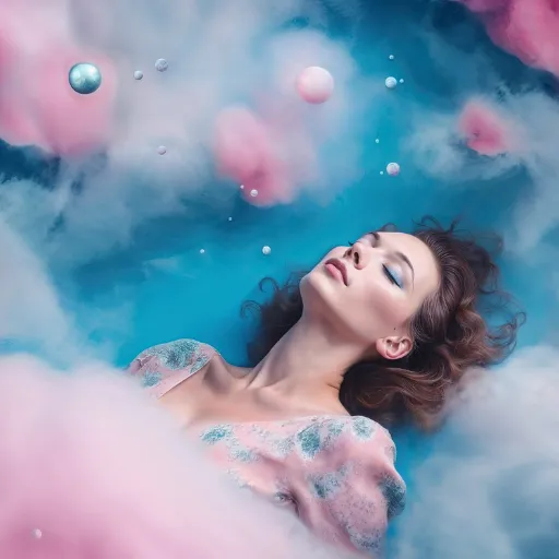 A woman reclines among soft pink and blue clouds, surrounded by floating planets and orbs, evoking the dreamy, electric energy of Uranus moving into Gemini.