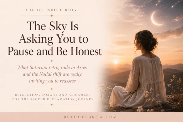 Woman seated on a hillside at dusk, gazing toward a glowing horizon beneath a crescent moon and stars — cover image for The Sky Is Asking You to Pause and Be Honest blog.