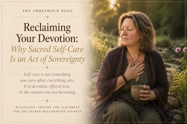 Woman sitting outdoors at golden hour, eyes closed, one hand resting on her heart and the other holding a rustic ceramic cup — cover image for "Reclaiming Your Devotion: Why Sacred Self-Care Is an Act of Sovereignty."