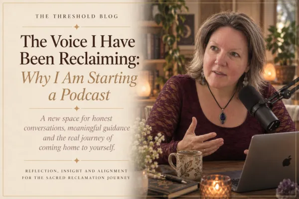 Beth Helbrow speaking into a podcast microphone at her desk, with a laptop, candle and mug nearby, cover image for The Voice I Have Been Reclaiming: Why I Am Starting a Podcast