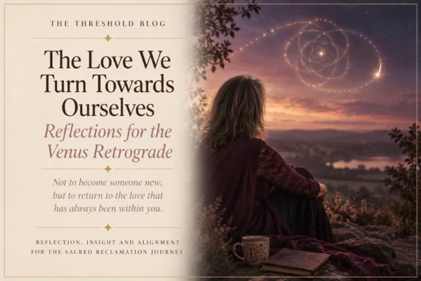 Woman in burgundy sits on a hilltop at dusk beside a journal and mug, gazing at a celestial glyph in the sky. Cover for The Love We Turn Towards Ourselves: Reflections for the Venus Retrograde.
