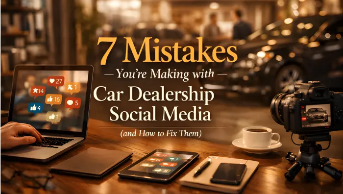 Car dealership social media management showing phone with engagement notifications including 227 likes and multiple emoji reactions