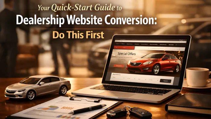 Laptop on coffee table displaying car dealership website with red SUV special offers and coffee cup, with toy car model beside it representing website conversion optimization