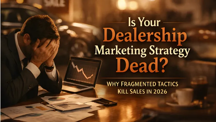 Stressed dealership manager with head in hands at desk with tablet showing declining sales chart and text "Is Your Dealership Marketing Strategy Dead