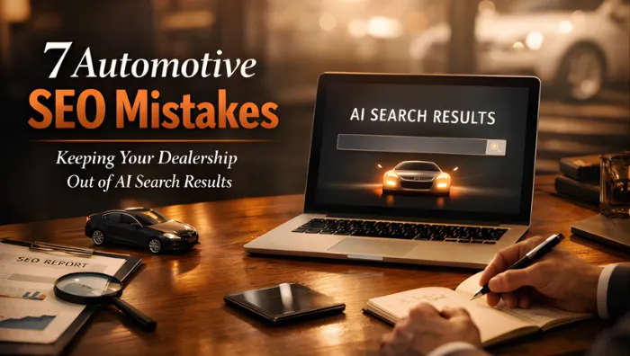 Laptop on wooden desk displaying AI search results screen with toy car model, magnifying glass, and SEO report showing 7 automotive SEO mistakes