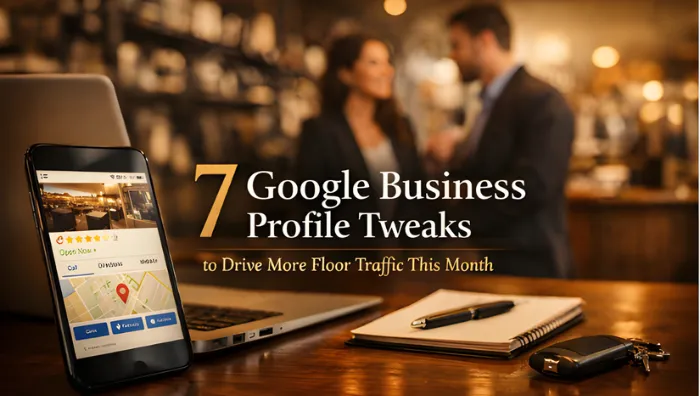 Professional dealership owner in navy suit standing confidently in modern showroom representing humanized Google Business Profile owner bio