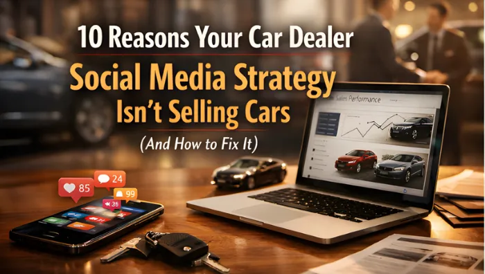 Laptop and smartphone on wooden desk displaying car dealership social media analytics with engagement notifications and vehicle images in warm showroom lighting