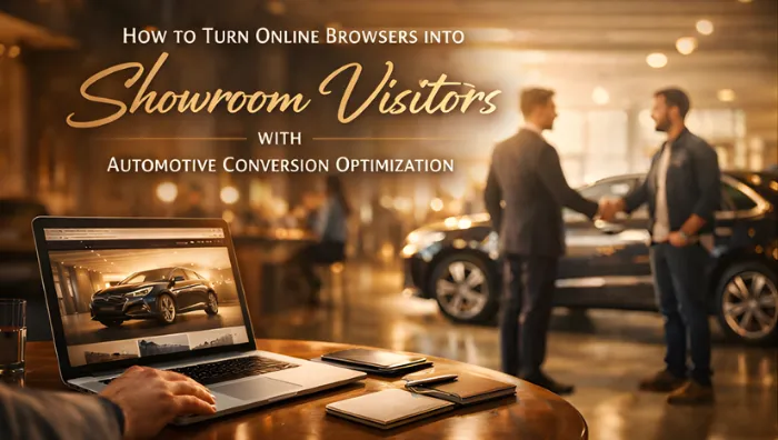 Business professional using laptop at café table with dealership showroom visible through window showing customers and sales consultant in background representing automotive conversion optimization