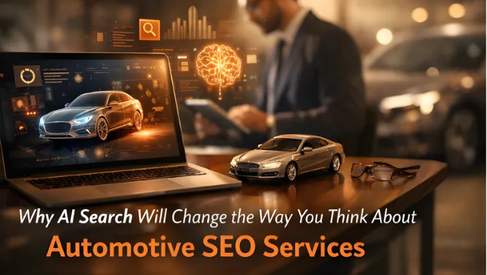 Business professional at wooden desk with laptop displaying futuristic AI search interface with vehicle hologram and neural network graphics representing automotive SEO transformation