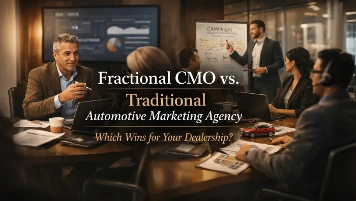 Fractional CMO vs traditional automotive marketing agency comparison for car dealerships focused on lead generation and dealership growth.