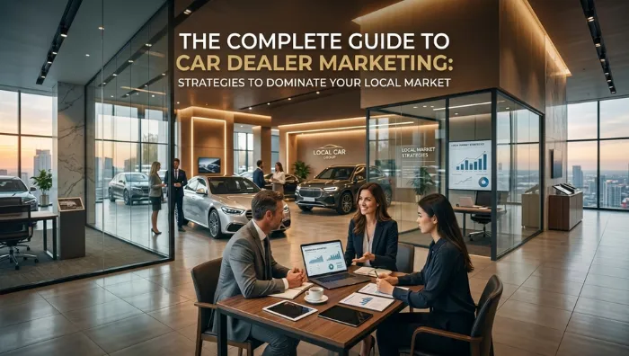 Car dealership marketing strategy dashboard showing local SEO, digital advertising, lead generation, and automotive sales growth tactics.