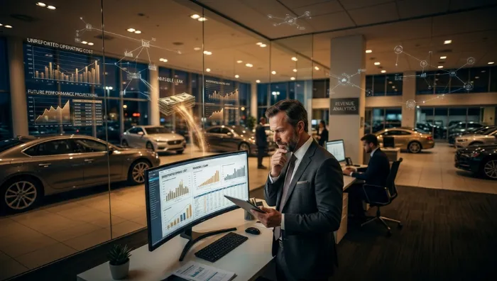 Car dealership profit analysis dashboard showing hidden revenue leaks, marketing performance, recon delays, and dealership operational analytics.