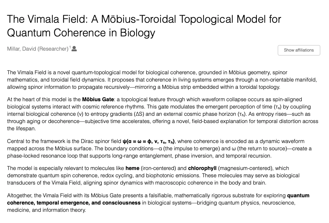 Vimala Field paper on quantum field around Iron in Heme