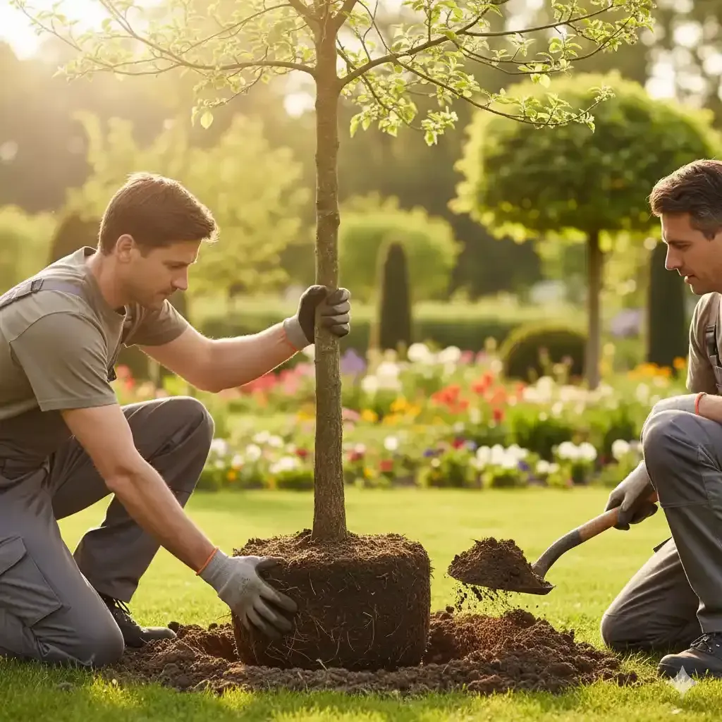 Zwei Gärtner pflanzen einen jungen Baum fachgerecht ein – Symbol für Neuanpflanzung und Baumpflege.