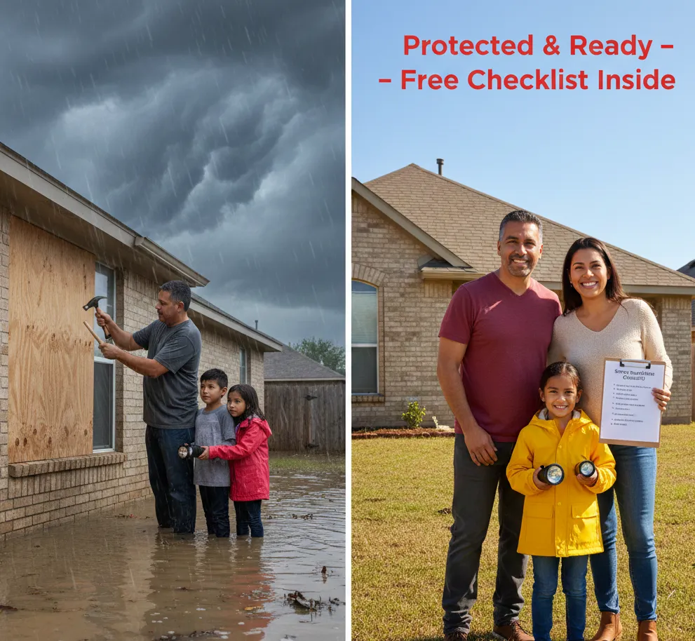 Diverse Houston Galveston family: left side boarding windows during flood storm surge, right side protected and ready with free storm checklist clipboard