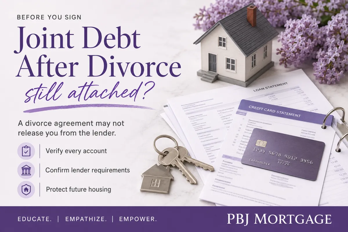 Photorealistic joint credit statements, house model, and keys arranged for a PBJ Mortgage article about joint debt after divorce.