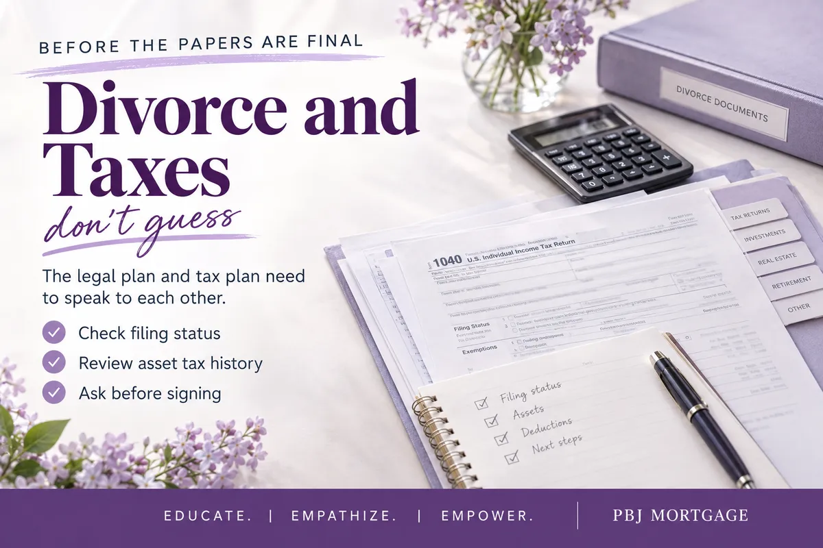 Photorealistic tax forms, calculator, notebook, and document folder for a PBJ Mortgage article about divorce and taxes before signing.