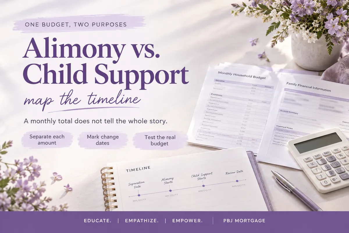 Photorealistic household budget, planner, family expense paperwork, and calculator for an article comparing alimony and child support.