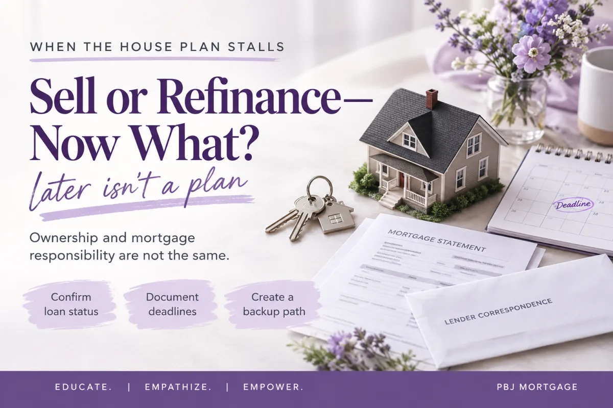 Photorealistic house model, keys, mortgage papers, and deadline planner for an article about a delayed sale or refinance after divorce.