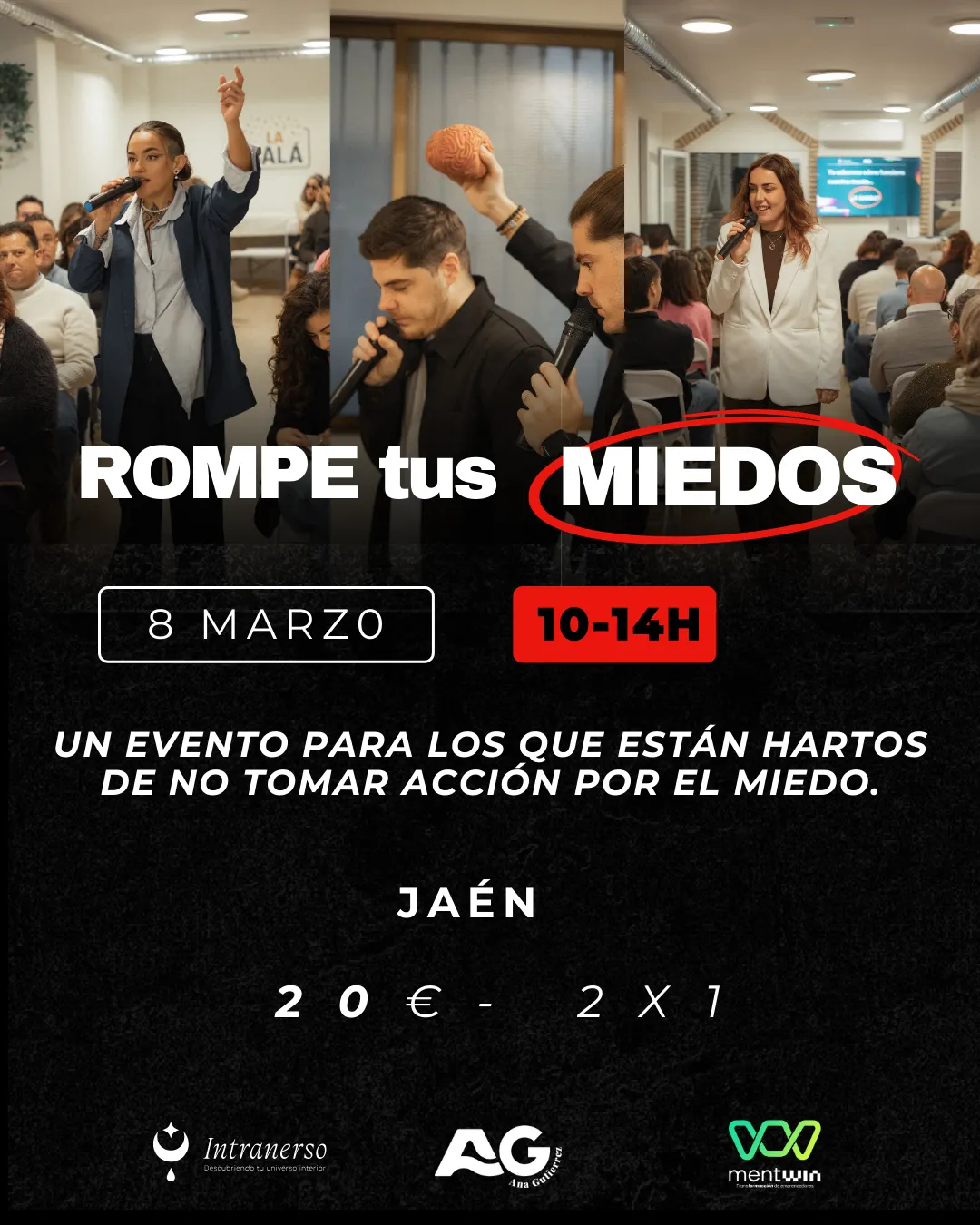 A diverse group of people in vibrant clothing, mid-celebration, confetti in the air, bright stage lights, all smiling and reaching upward, symbolizing breakthrough and transformation at a live event. The background is filled with energy and movement, capturing the excitement of a personal growth experience.