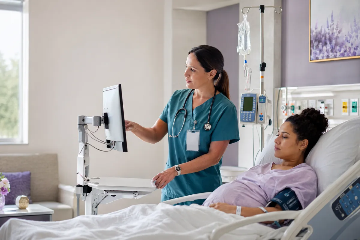 OB nurse in teal scrubs using a bedside computer beside a pregnant patient resting in a hospital bed with a blood pressure cuff and IV infusion equipment nearby.