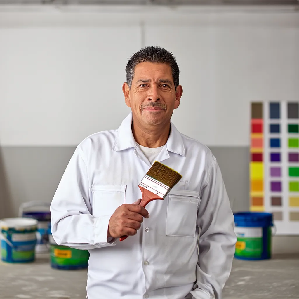 Retrato de pintor mexicano sonriente, 30 años, con overol blanco y camiseta azul, sostiene brocha limpia, fondo interior de hogar moderno, luz suave, estilo documental, expresión amigable, ambiente profesional, composición centrada, herramientas de pintura al fondo desenfocadas