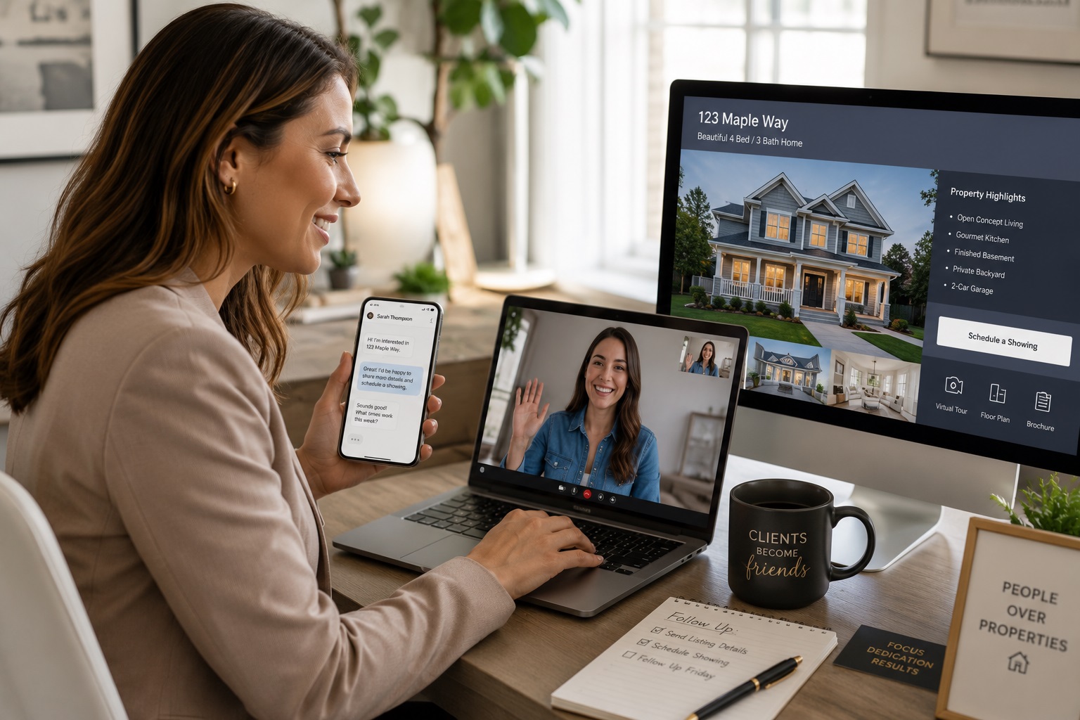 Real estate agent and client reviewing a property update together (communication-focused)