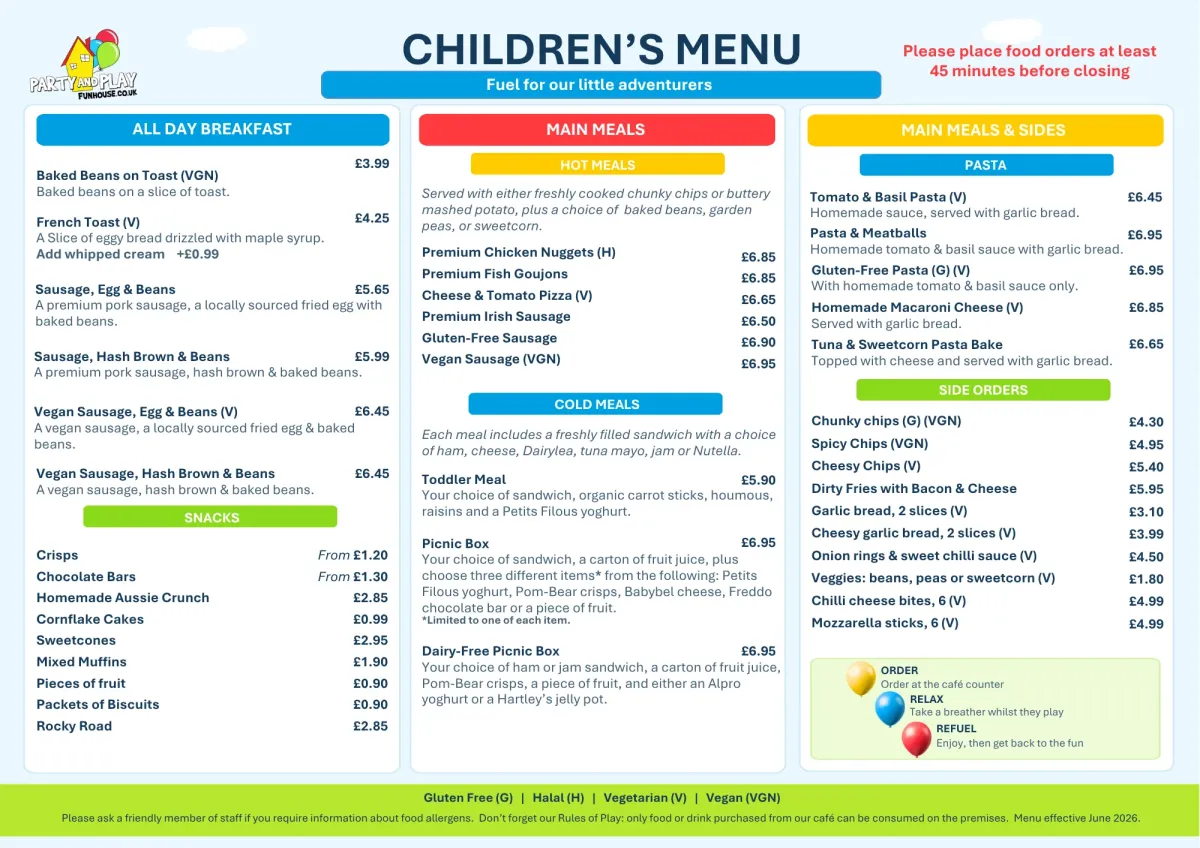Children's menu served at Party and Play Funhouse café