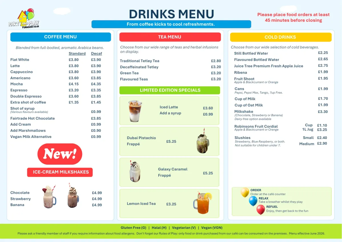 Drinks menu served at Party and Play Funhouse café
