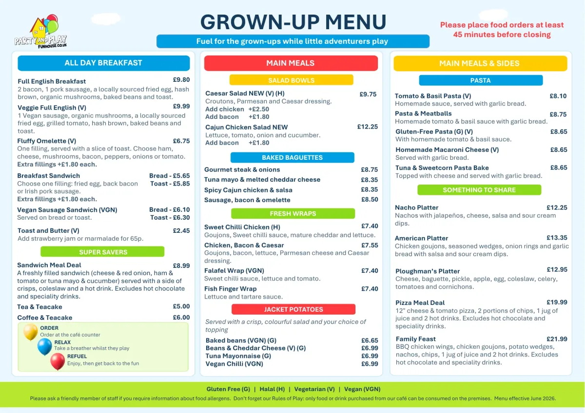 adults menu served at Party and Play Funhouse café
