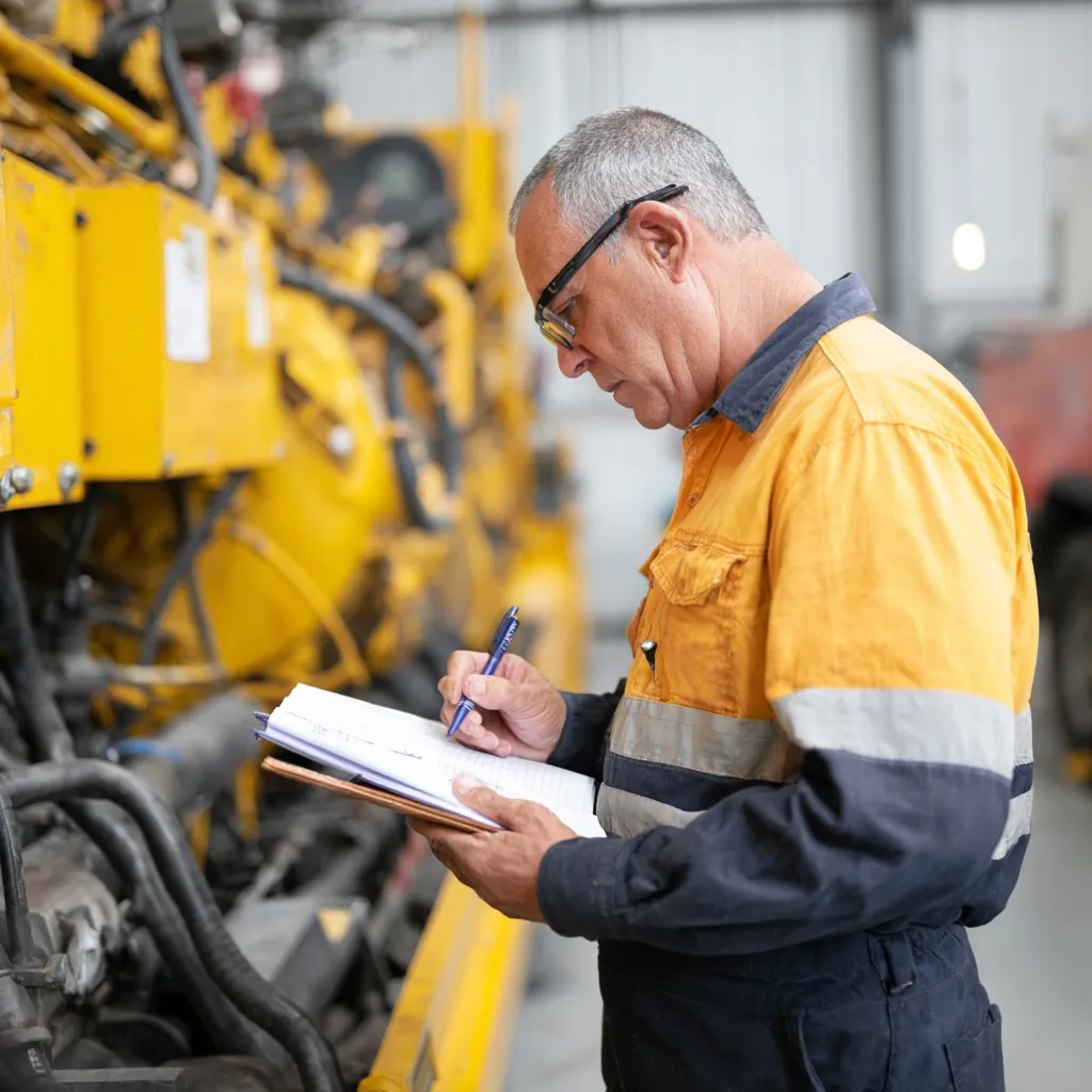 Heavy equipment inspector in hi-vis uniform writing notes beside yellow machinery inside a workshop