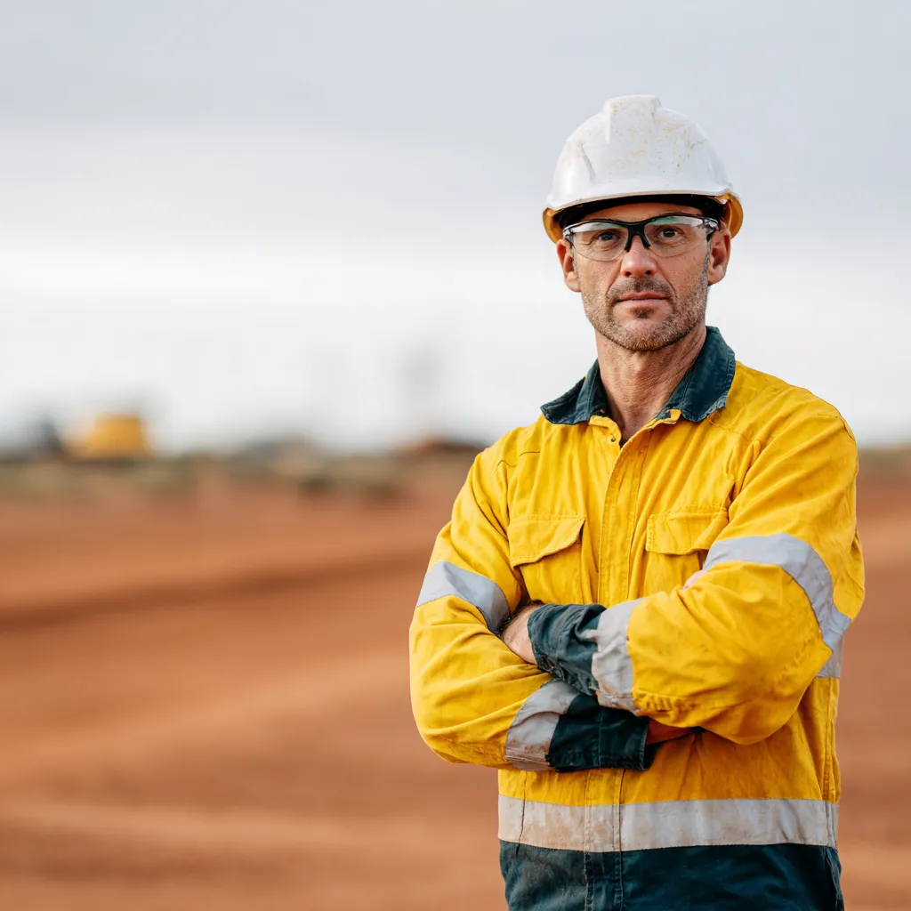 Mobile plant inspector wearing PPE at a mining site in Australia, standing confidently on red dirt with machinery blurred in the background