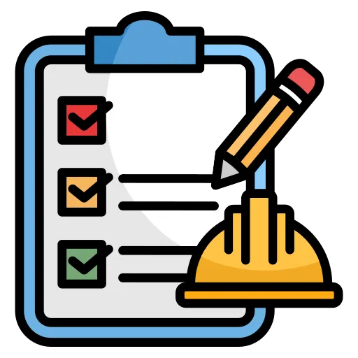 Flat icon of clipboard and pencil representing detailed inspection report documentation