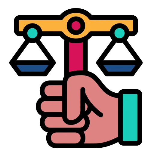 Flat icon of a hand holding a balanced scale symbolizing independent and objective inspections