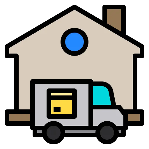 Icon of house and truck representing on-site mobile plant inspection by qualified mechanic
