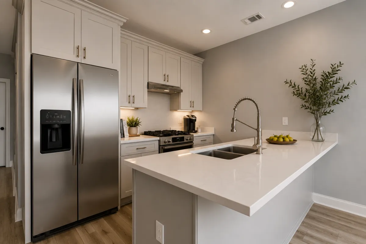 Kitchen with quartz counters in a new-construction duplex unit