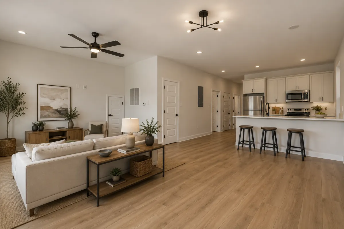 Living, dining and kitchen in an IPB duplex, virtually staged