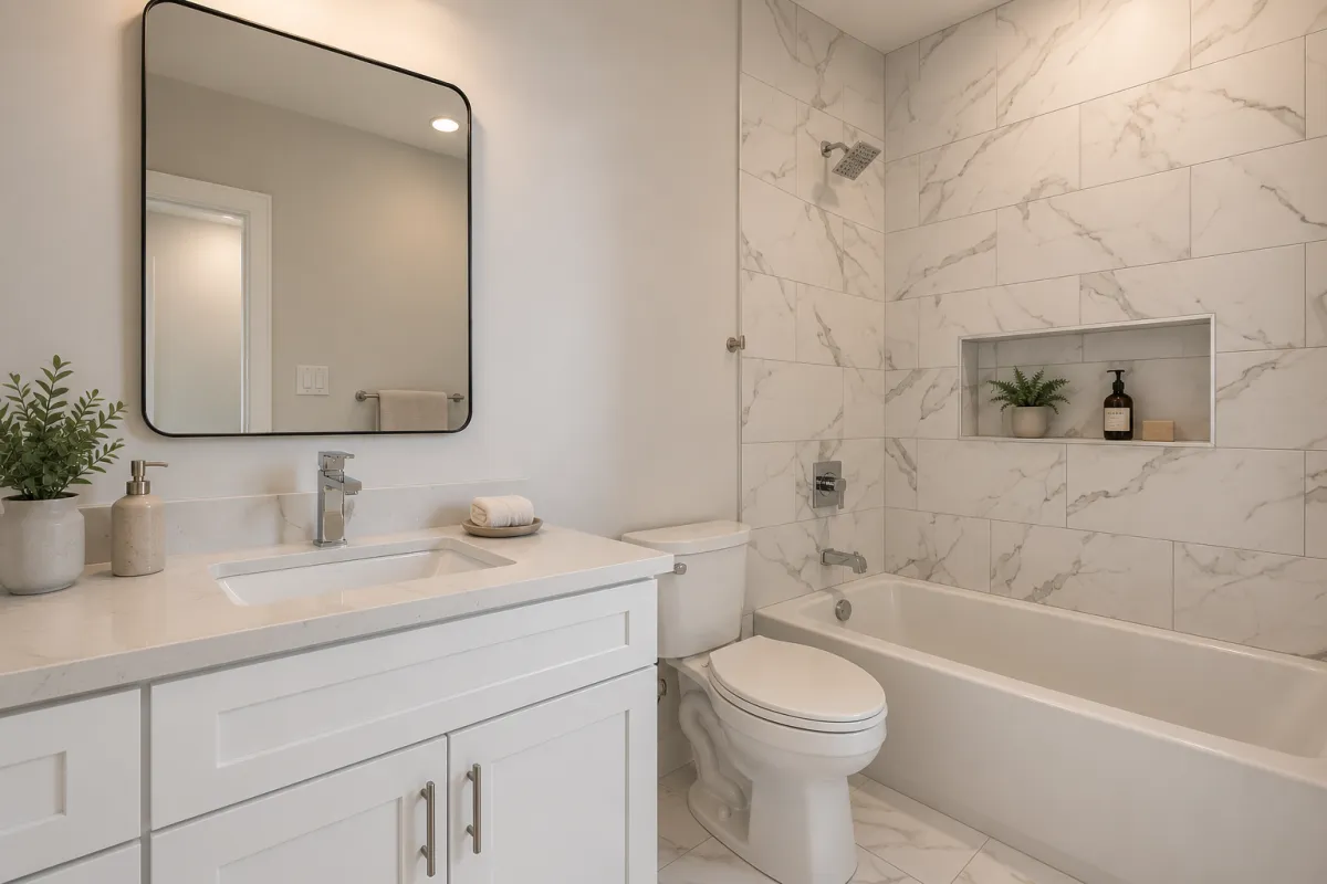 Full bathroom with marble tile in a new duplex, Greater New Orleans