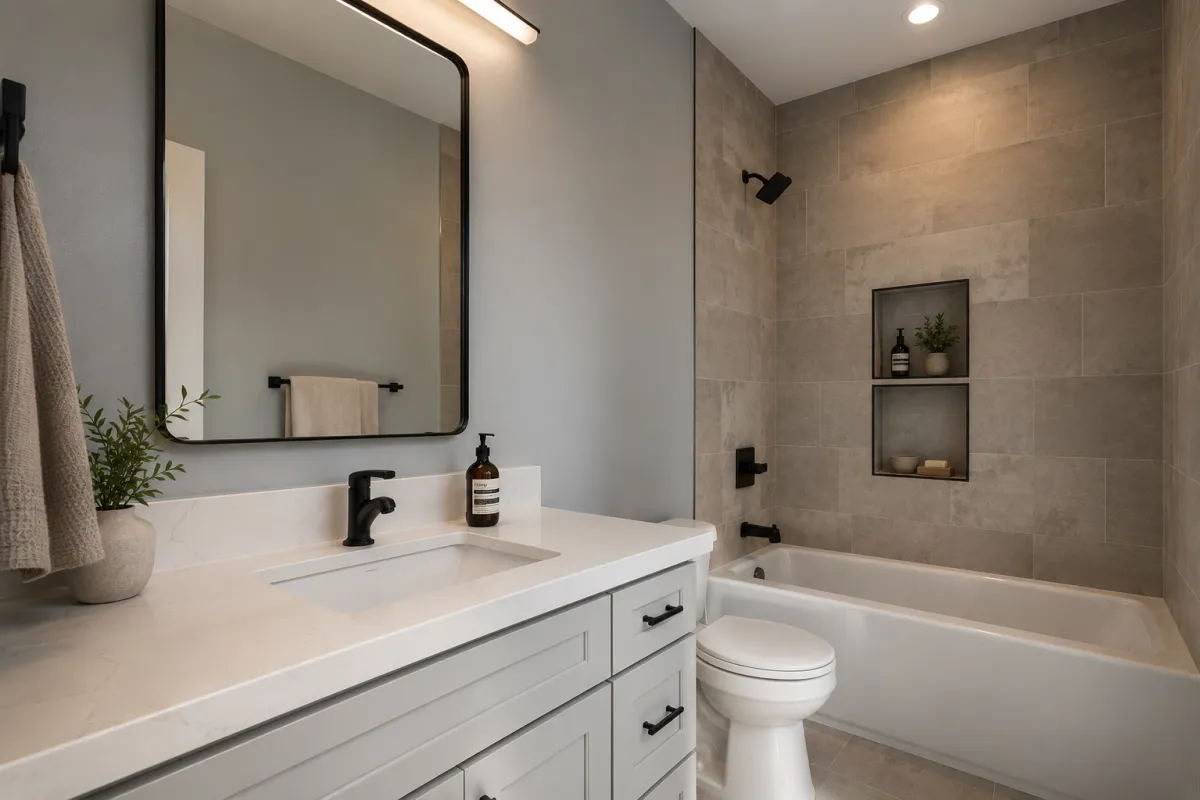 Second full bathroom with tile shower in a new-construction duplex