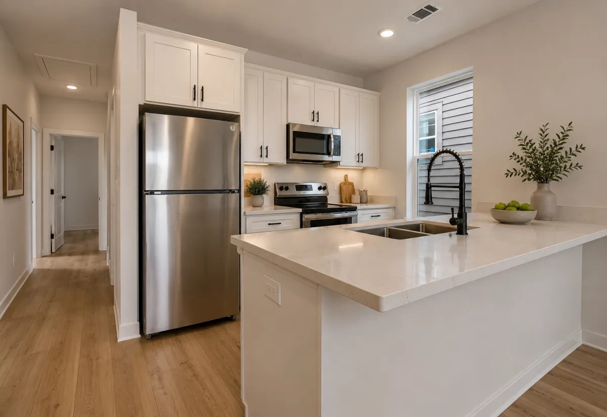 Kitchen with island and stainless appliances in a new duplex, Greater New Orleans