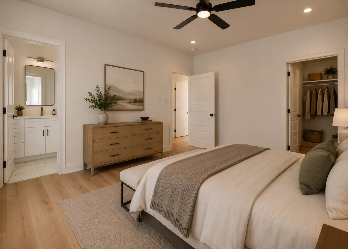 Bedroom with closet in a new-construction duplex unit, virtually staged