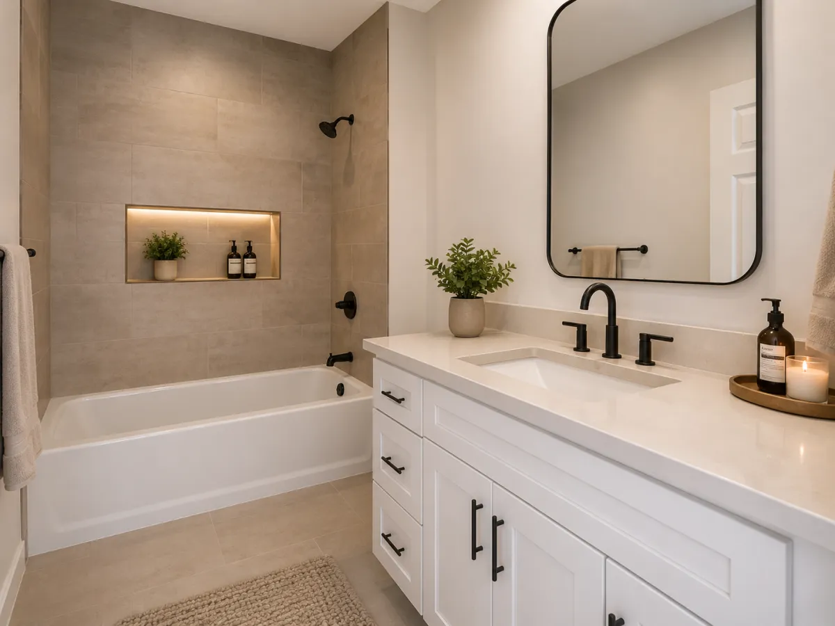 Bathroom with tub, tile surround and quartz vanity in an IPB duplex
