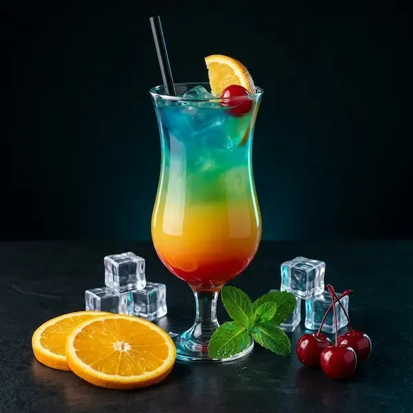 Vibrant tropical cocktail in a hurricane glass with fresh garnishes, Avilez Mobile Bar Las Vegas mixology