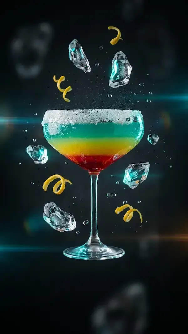 Creative layered cocktail with floating lemon twists in a salt-rimmed glass, Avilez Mobile Bar