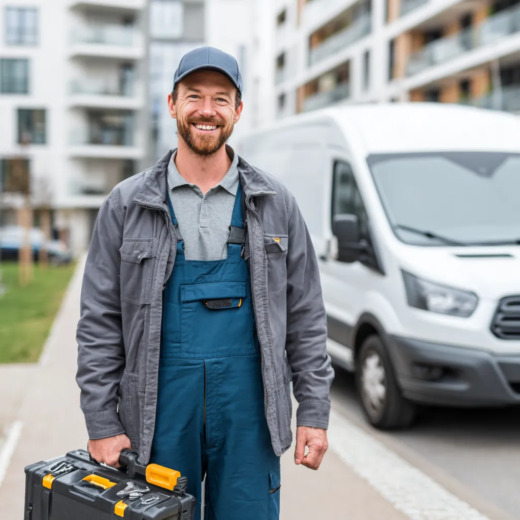 Hausmeister mit Werkzeugkoffer vor Wohngebäude – professionelle Objektbetreuung in Schweinfurt